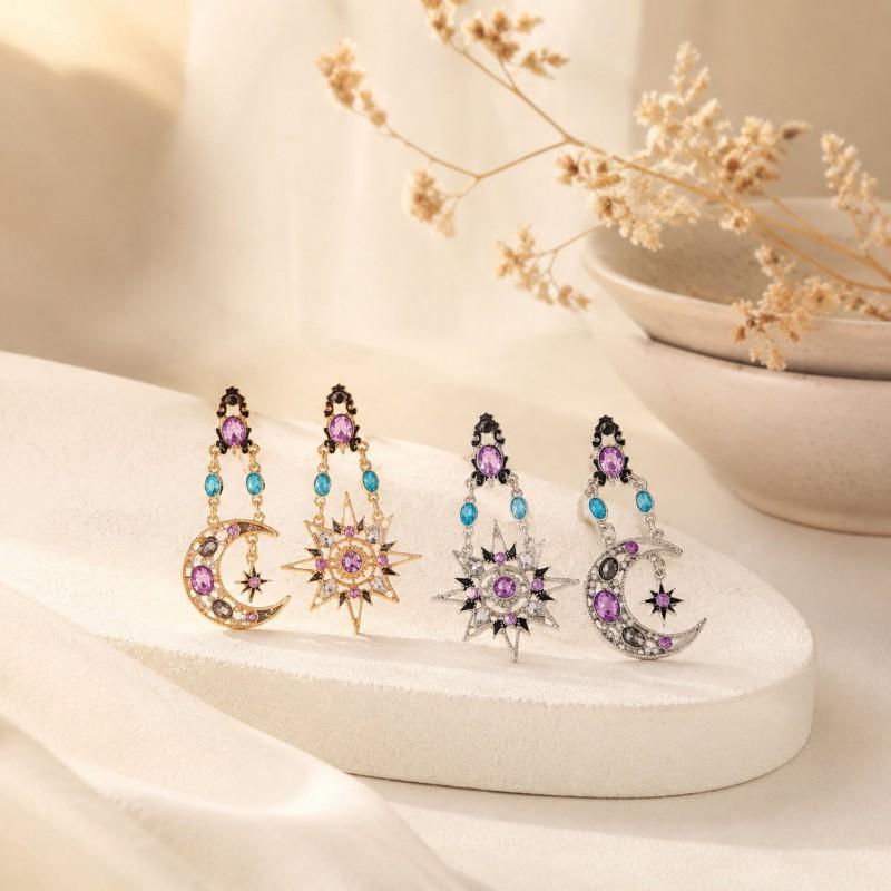 Baroque Sun Moon Asymmetrical Earrings Long Dangle Statement Jewelry Women
