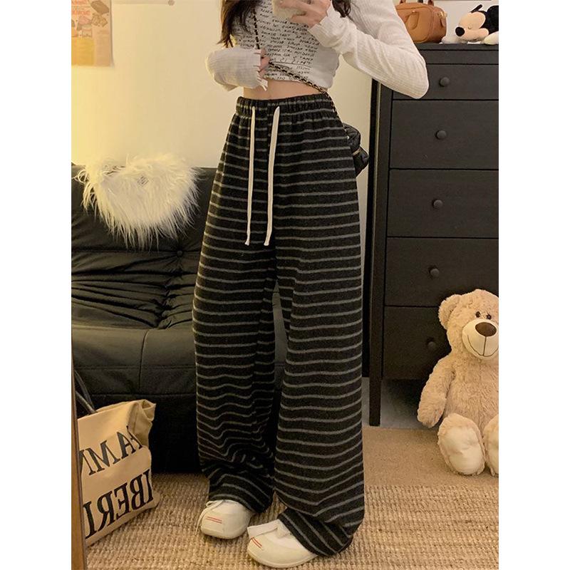 

American Retro Striped Fleece-Lined Velvet Pants for Women - Autumn/Winter Style S темно-сірий