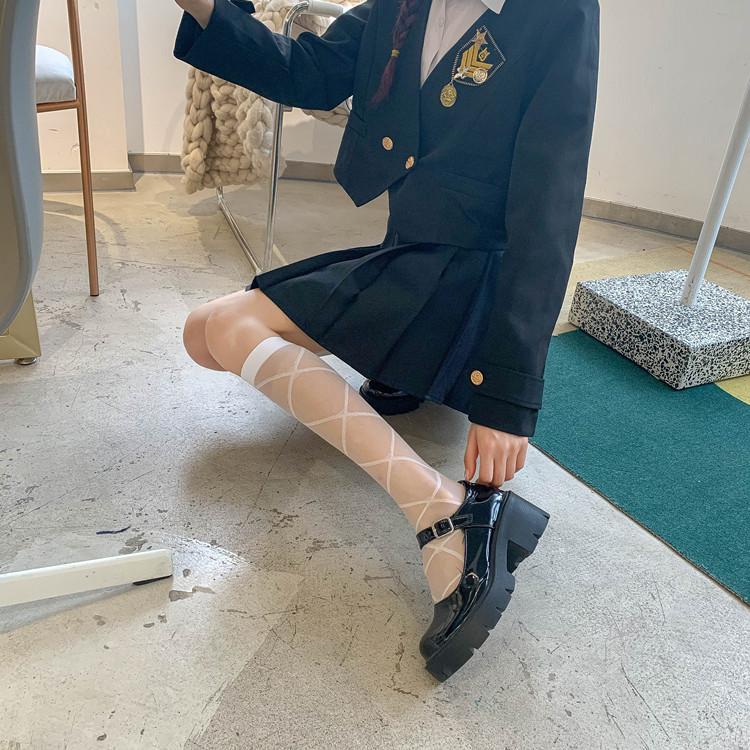 Spring Thin Ladies Black Jacquard Love Calf Socks, Japanese Jk Style Knee Socks Lolita Silk