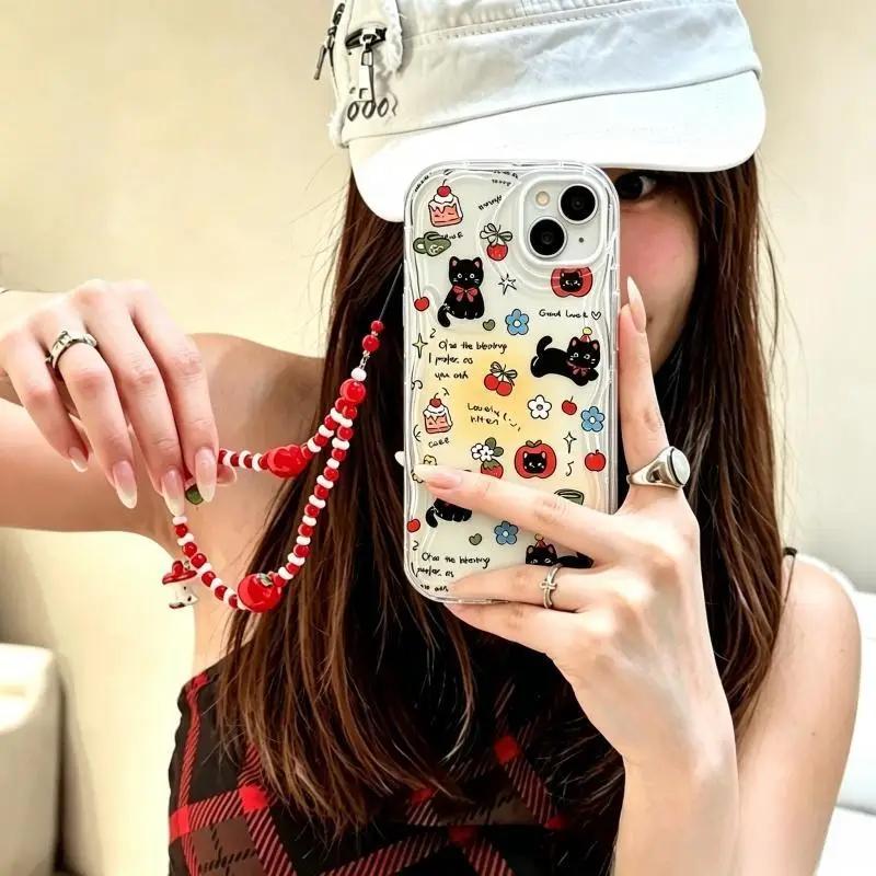 Cute Cat With Apple Fruit Chain Case For Google PIXEL 7 8 9 10 Pro XL 7A 8A Soft Silicone Wave Side Cartoon Cover