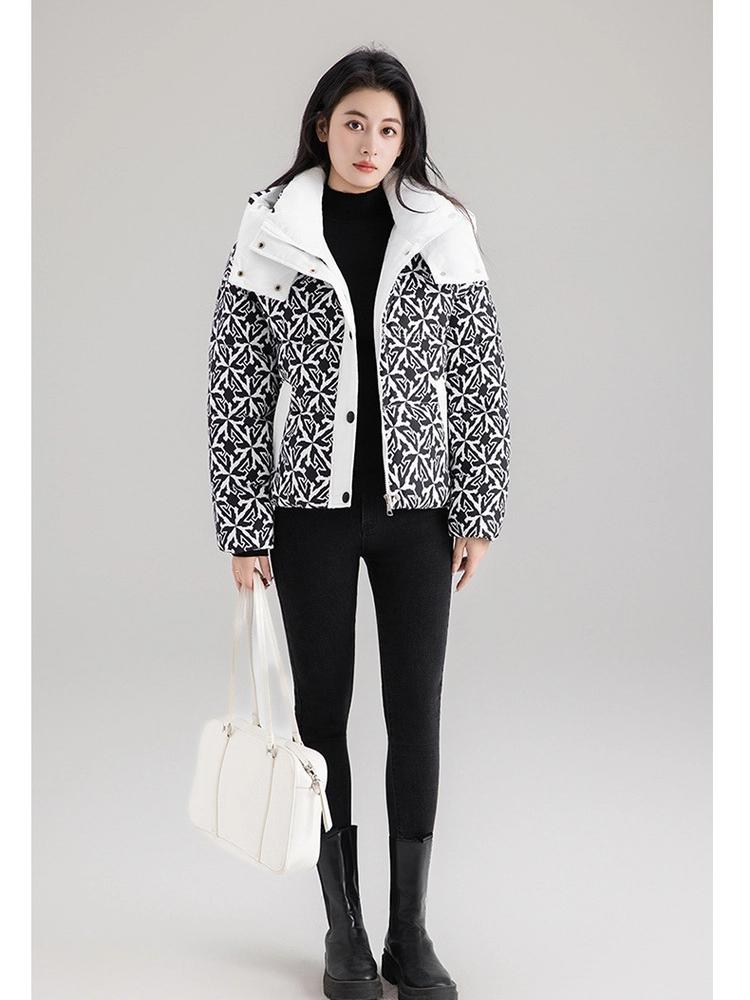 3D Printed Hooded Cotton-padded Jacket Women's Short Style