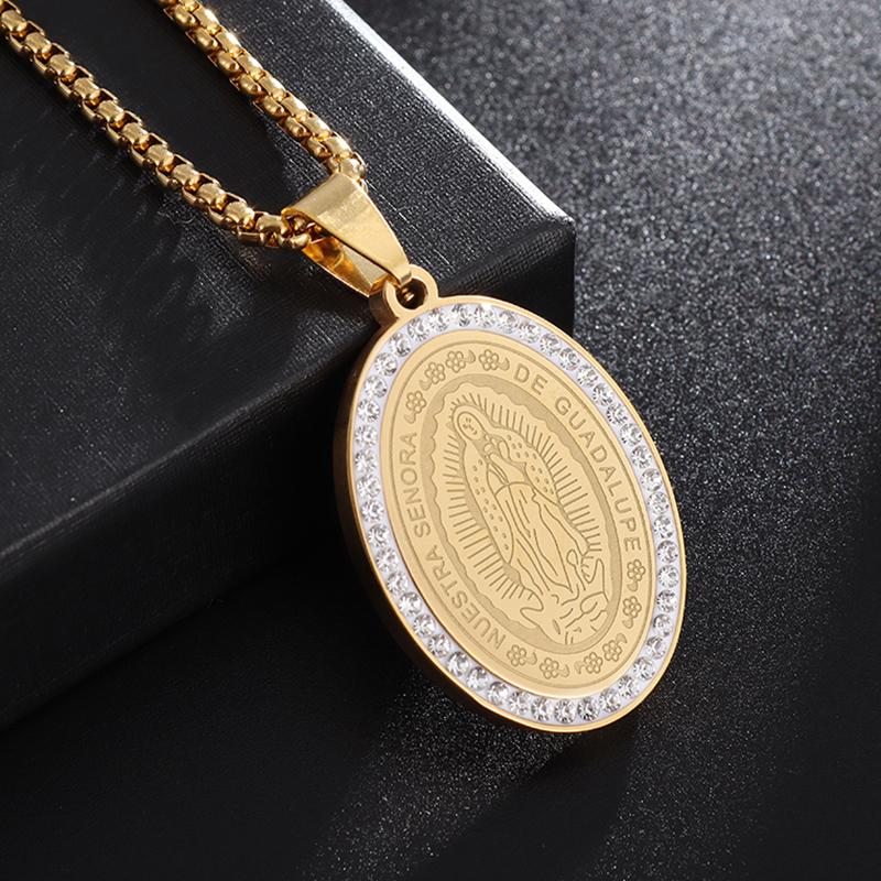 Jungfrau Maria Medaillon Anhänger Edelstahl Eingelegt Zirkonia Halskette für Männer Frauen Kirchenkleidung Gebets Schmuck Geschenk