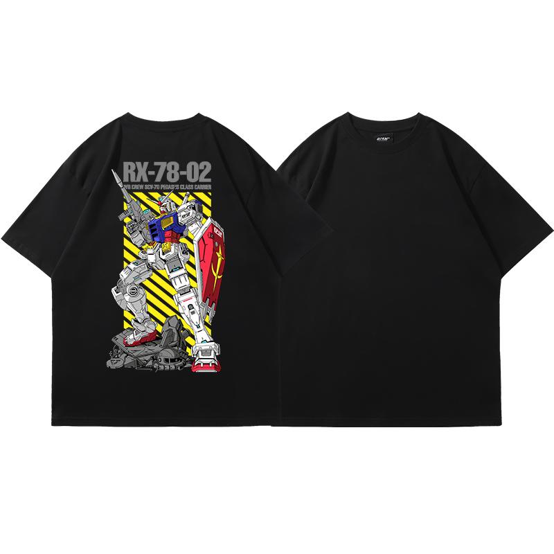Gundam Shortsleeved Printed Tshirt 2025 Summer Male Tide Brand Cartoon Printing Pure Cotton Loose Youth Round Neck Tshirt