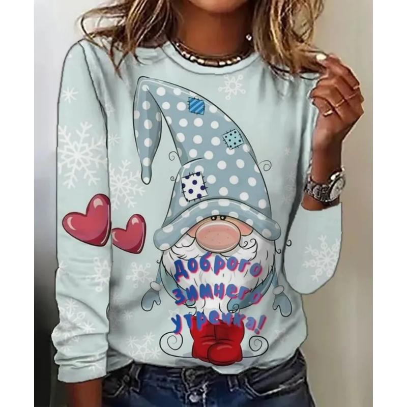 Fashion Women's Crew Neck Long Sleeve 3D Casual Color Printing Casual Long Sleeve Crew Neck T-Shirt