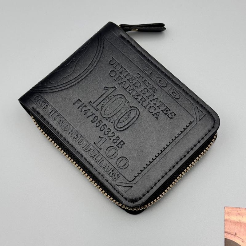 Men’s Short Zipper Wallet PU Leather Dollar Pattern Embossed Bifold Wallet Coin Pocket Card Holder Small Wallet