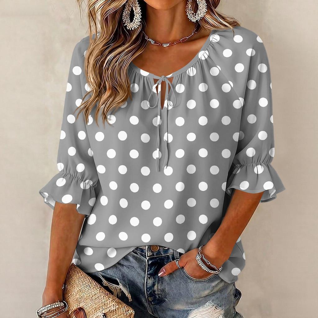 Women's Round Neck Polka Dot Blouse with Tie Front and Ruffle Hem 3/4 Sleeve