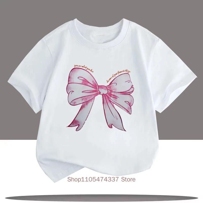 Pink Bow Graphic Print Tshirts For Girls Summer Children Casual Cute Comfortable Colorful Tops Kids Oneck Short Sleeve Tees