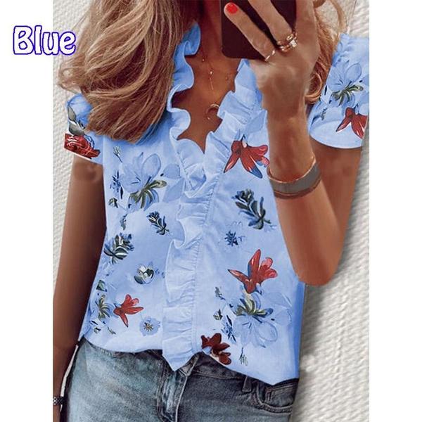 Dámská móda Ležérní halenky s výstřihem do V a krátkým rukávem Roztomilé volánky Tričko Dámské halenky s květinovým potiskem Volné topy