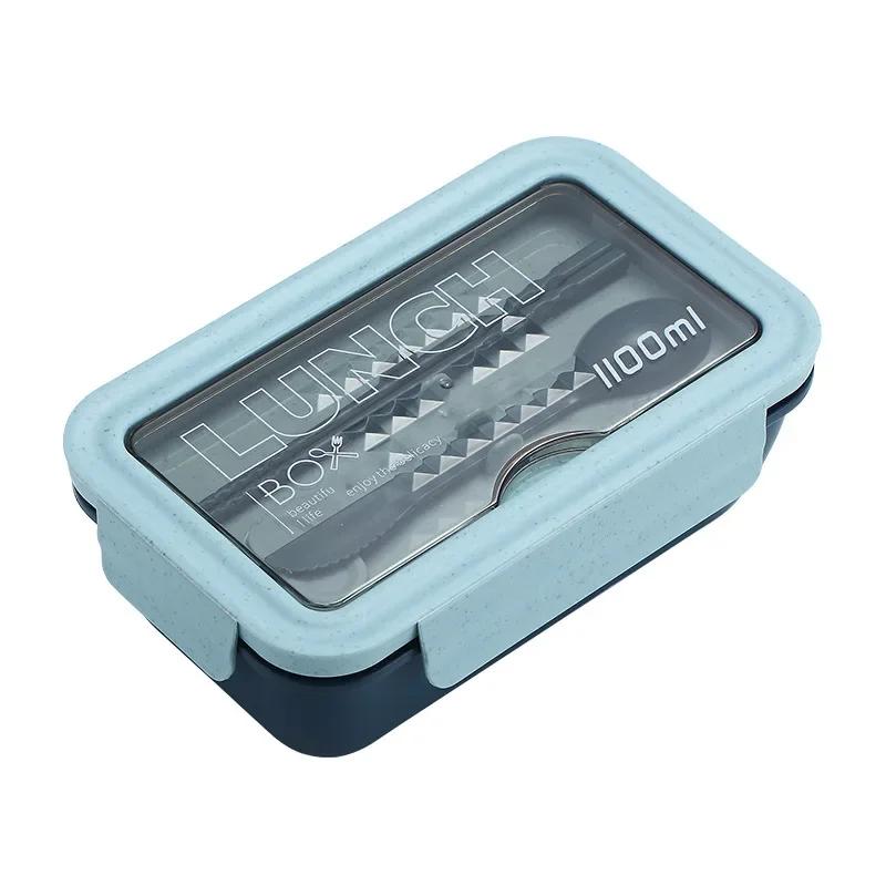 Portable 1100ML Plastic Food Storage Container, Bento Case, Leak - Proof, Microwave Heating, with Chopsticks and Spoons