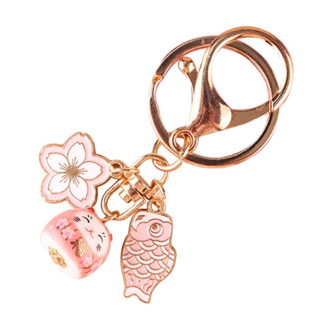 Sakura Ceramic Lucky Cat Pendant Keychain - Cute & Fashionable DIY Accessory