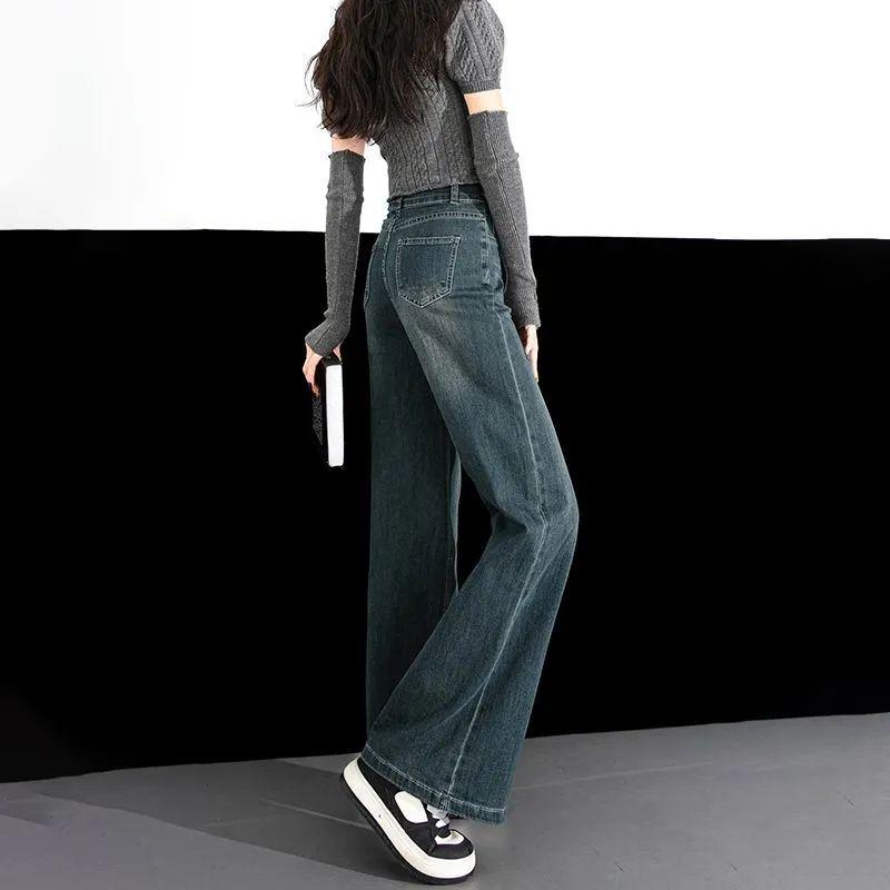 Women's Retro Blue Vintage Wide-Leg Jeans - Autumn 2025 High-Waisted Slimming Drapey Straight Pants