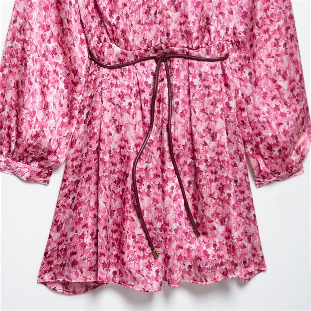 2025 Spring/Summer Women's Slim Fit Casual Waist-Cinching Tie Print Dress