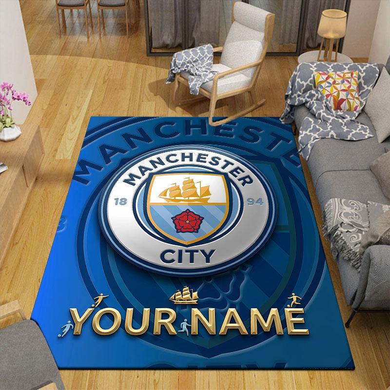 Custom Name,Man City Home Sofa Decoration for Living Room & Bedroom, Non‑Slip Play Flannel Floor Mat for Game Room