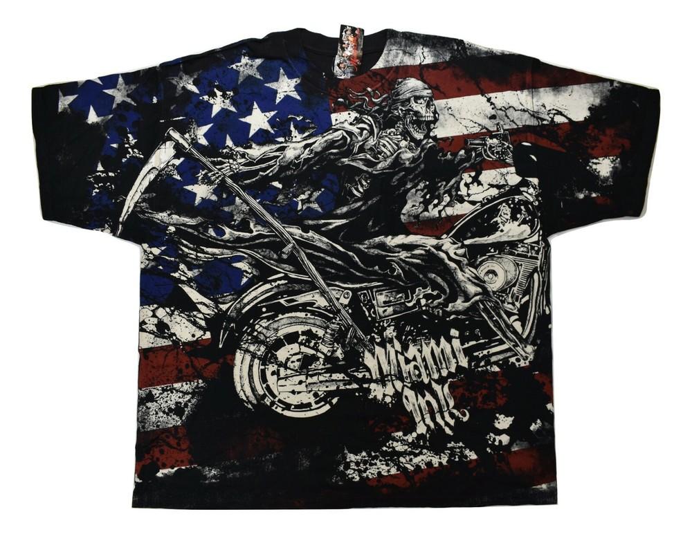 

Miami Ink Mens Skeleton Biker on Motorcycle Patriotic Flag Shirt New L, XL, 3XL Unisex T-Shirt S
