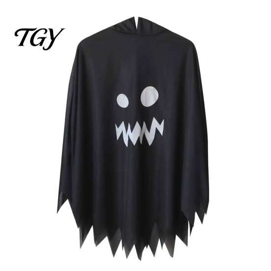 Spooky Cosplay Cloak for Boys Girls Hooded Ghost Costume, White/Black Cape Costume Kids Adults, Cute Face Party Dress Halloween Outfit with Wave Edge