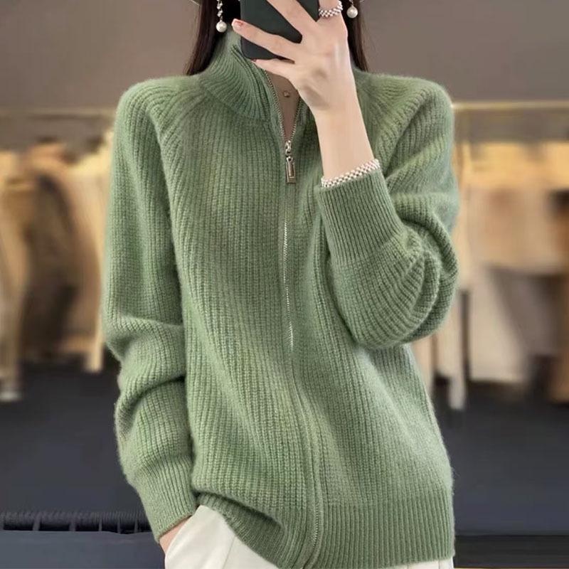 Dámský silný pletený kardigan na zip - Volný, ležérní styl, univerzální svetr z umělé vlny