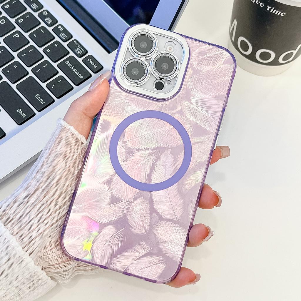 Feather Pattern Suitable for IPhone16promax Magnetic Phone Case Apple 15 with Electroplated Flash Powder Lens Film