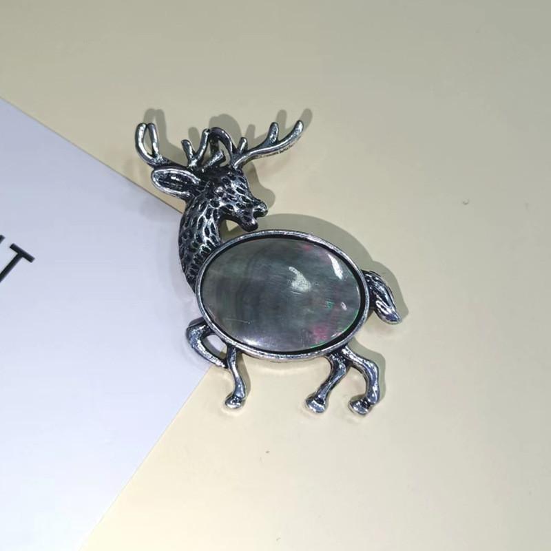 Animal Deer Embellished Metal Brooch Pin With Semi Precious Shell Inlay For Romantic Gift
