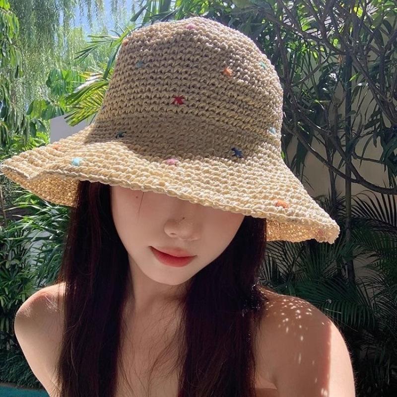 Big eaves colorful sweet hand-woven straw bucket hat women's new breathable versatile handmade hat sunscreen sunshade basin hat