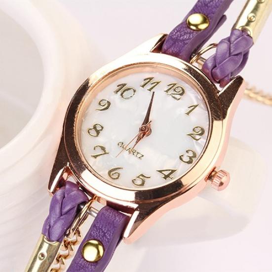 Kobiety w stylu vintage wielowarstwowa pleciona bransoletka ze stopu sztucznej skóry Wrist Watch Jewelry