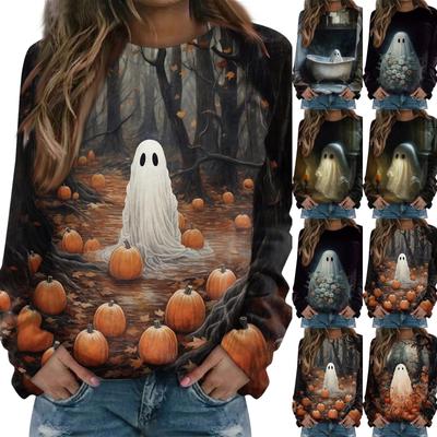 Damska Moda Casual Vintage Nadruk Halloween Okrągły Dekolt Długi Rękaw Dekoracyjny T-shirt Top