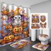 4Pcs Halloween Ghost Pumpkin Shower Curtain Set with Non-Slip Bath Mat, Toilet Lid Cover, Contour Rug & 12 Hooks, Bathroom Decor