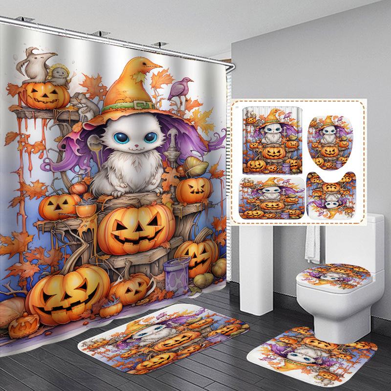 4Pcs Halloween Ghost Pumpkin Shower Curtain Set with Non-Slip Bath Mat, Toilet Lid Cover, Contour Rug & 12 Hooks, Bathroom Decor