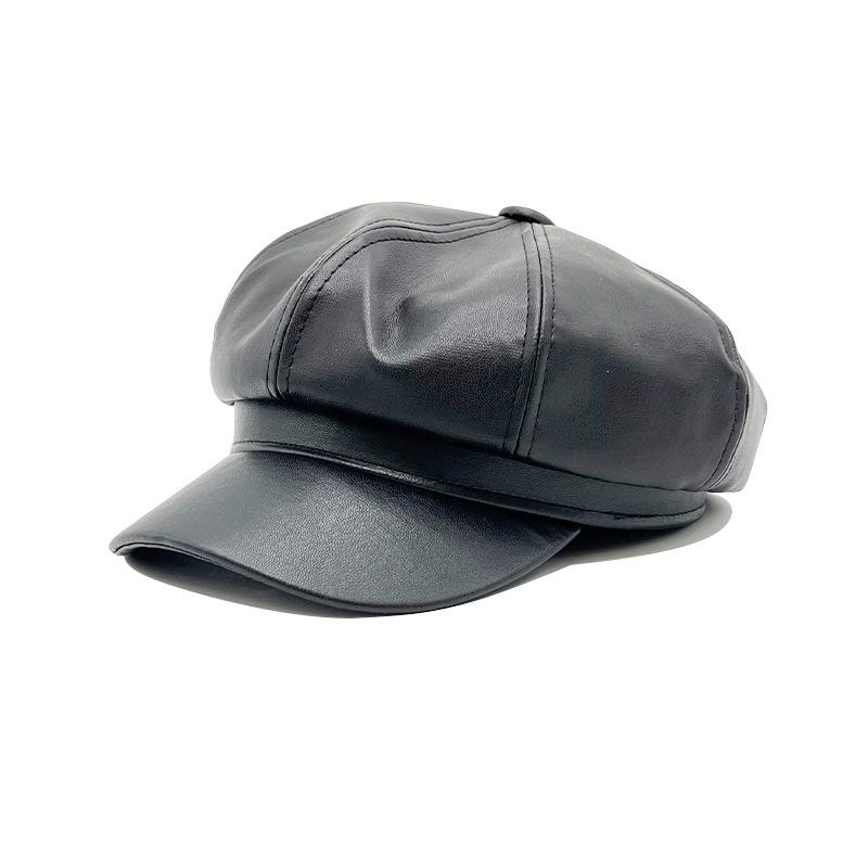 New Solid Color PU Leather Octagonal Hat Retro Gentleman Style Beret Versatile