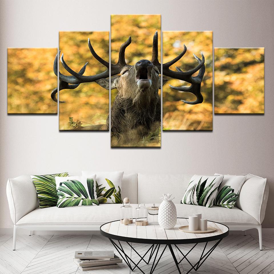 Leinwandbild Hirsch schreiend 5 Teile Wandkunst Malerei Modulare Wandbilder Poster Druck für Wohnzimmer Heimdekoration