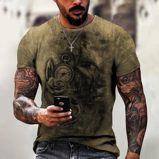 Vintage Men's Short Sleeve Shirt Compass Print T-shirt Nautical Tops Summer O-Neck Sweatshirt Tees Designer Daily Mens Clothing