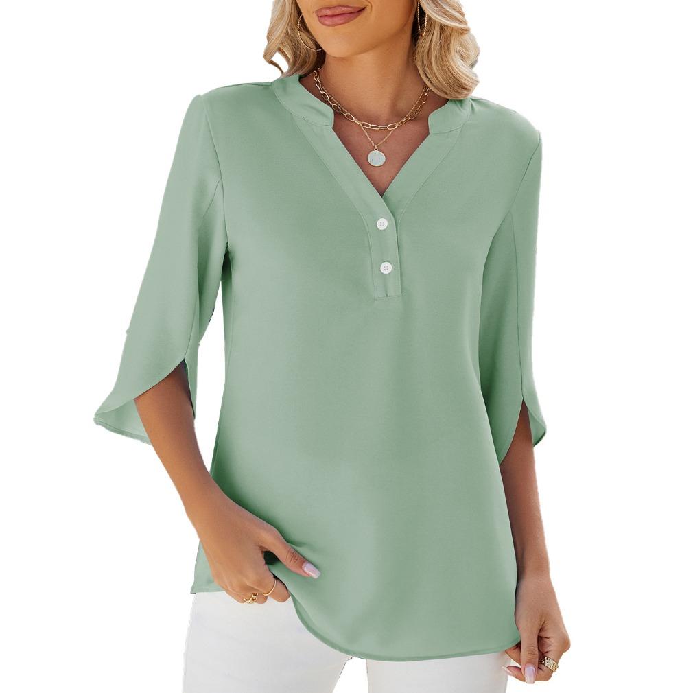 IHUASU Spring/Summer Solid Color Button V-neck Loose Mid-sleeve Chiffon Blouse