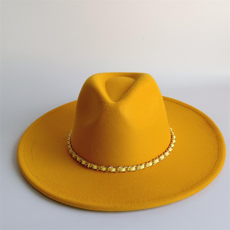 Yellow Fashion Fedora Hat With Colorful Chain 9.5Cm Wide Brim Hat For Women Winter Men'S Hat Cowboy Felt Hat Sombreros