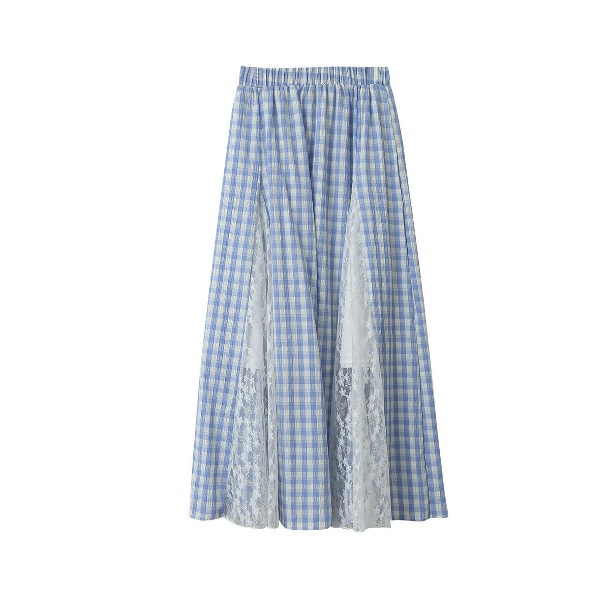 

Oufen Lace Trim Blue Plaid Midi Skirt – Slimming, Elastic Waist, Spring/Summer 2804 One Size