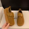 Fashion Women's Thick Sole Cotton Shoes Winter New Round Head Deep Mouth Suede Metal Buckle Anti-slip Wear-resistant Flat Shoes
