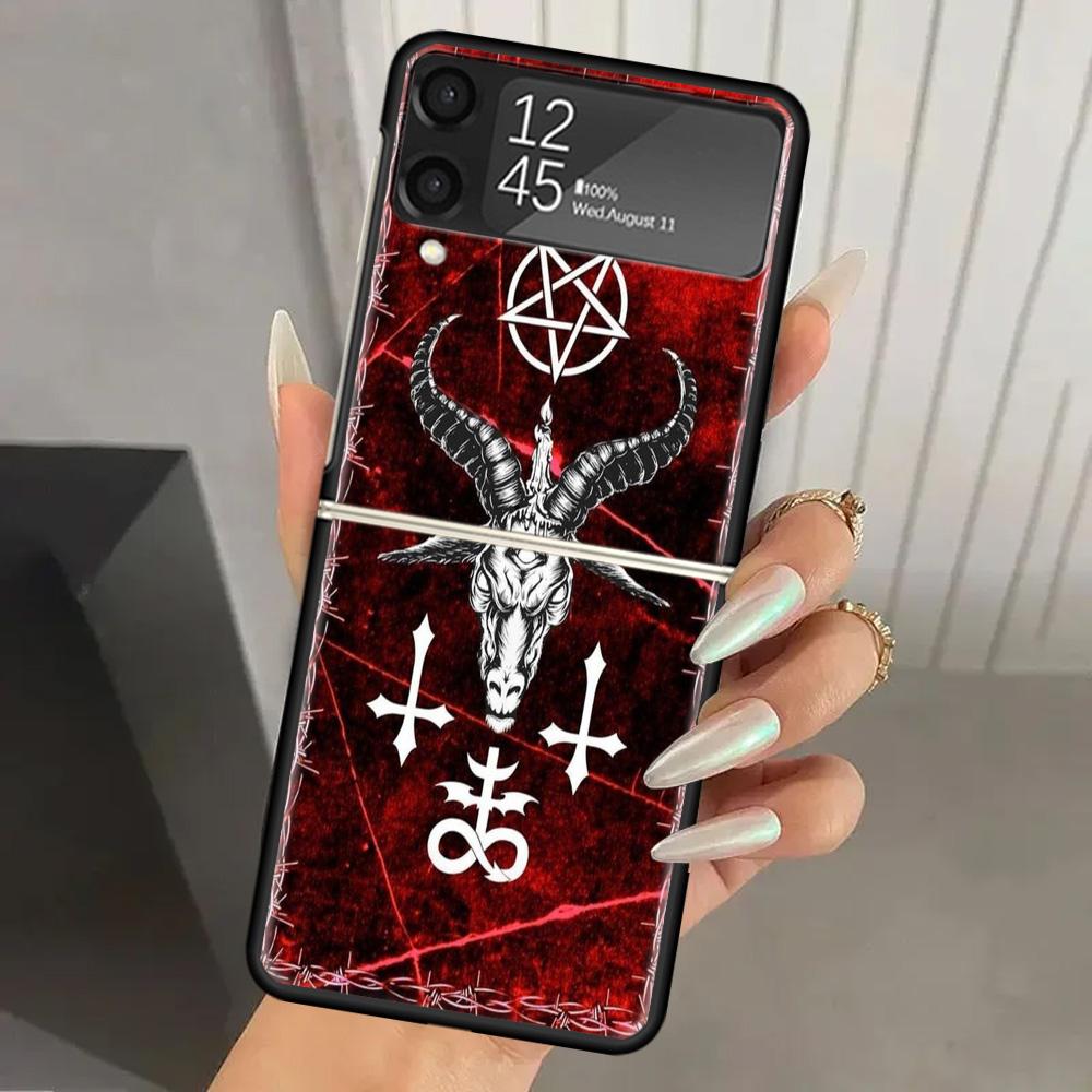 Satanic Goat Satan Devil Hard PC Phone Case For Samsung Galaxy Z Flip 7 6 5 4 3 Black ZFlip7 ZFlip6 Flip5 Flip4 Flip3 5G Print C