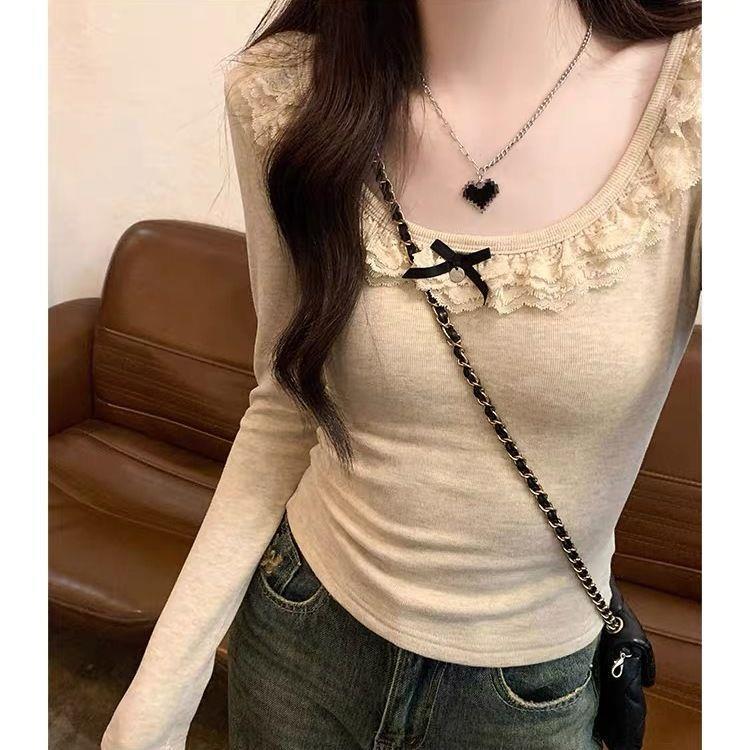 Women s French U-Neck Lace Trim Long Sleeve Base Shirt with Exposed Collarbone L