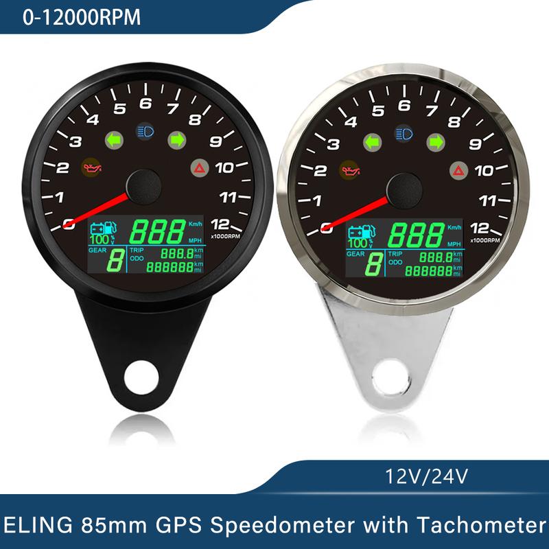 ELING Motorcycle Universal 85mm GPS Speedometer 0-299km/h MPH with 0-12000RPM Tachometer Trip Odometer with Gear Number N 1-6