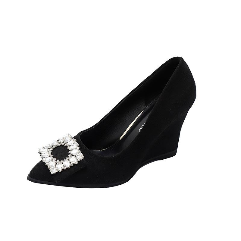 2025 new pointed square buckle rhinestone French black high heels women's fine heel temperament versatile single shoes shallow mouth