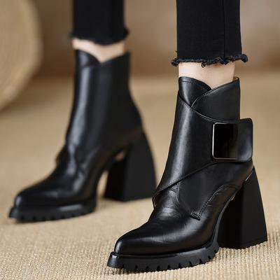 Botine scurte cu vârf ascuțit și talpă groasă pentru femei, toamnă și iarnă, noi, cu velcro, tocuri înalte, tocuri groase, nu obosesc, cizme Martin