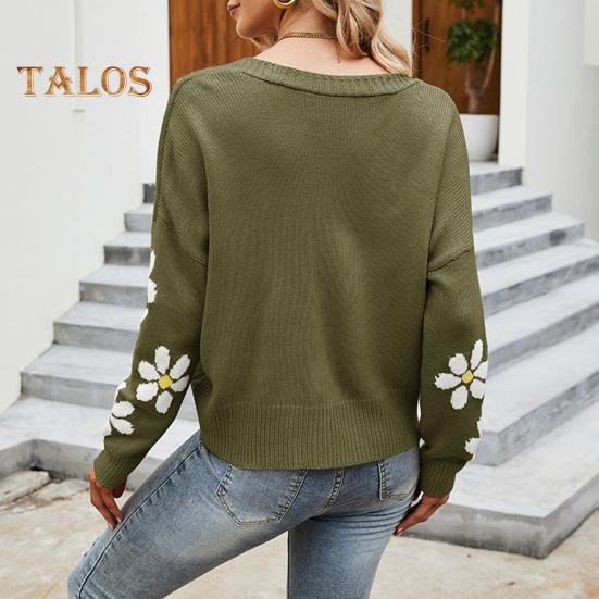 Damen Strickmantel mit Blumenmuster, Pullover, Strickjacke, V-Ausschnitt, lange Ärmel, Knöpfe, Knopfleiste, Strickjacke