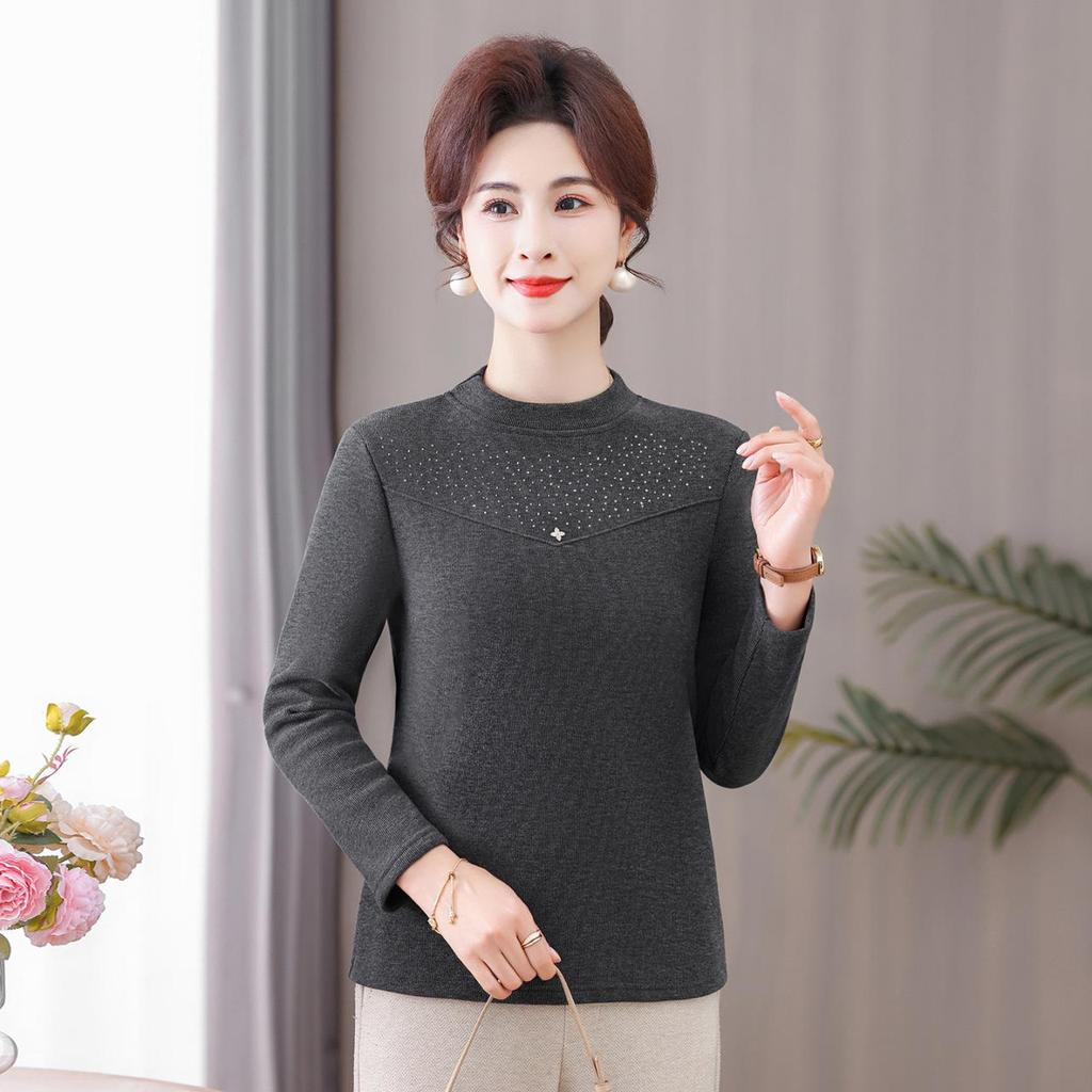 Women's Long-Sleeve Velvet-Lined Warm T-shirt for Middle-Aged & Elderly - Autumn/Winter Layer