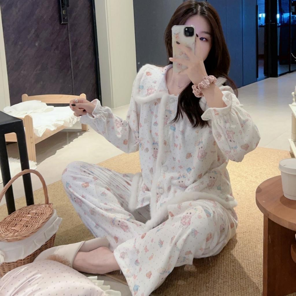 Autumn and winter velvet pajamas women's island velvet cute suit doll collar girl style cartoon student furry loungewear