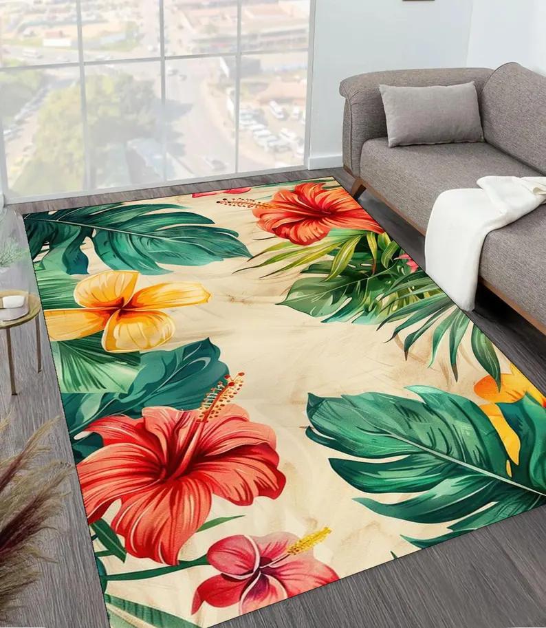 Tapete Floral de Hibisco Tropical Pátio Decoração de Verão Tapete de Jardim de Varanda Estampa de Folha Verde Tapete de Flor Vermelho Laranja Tapete de Chão Externo