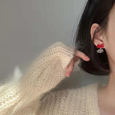 1Pair  Year'S Bow Earrings Christmas Red Autumn Winter High-End Needle Stud