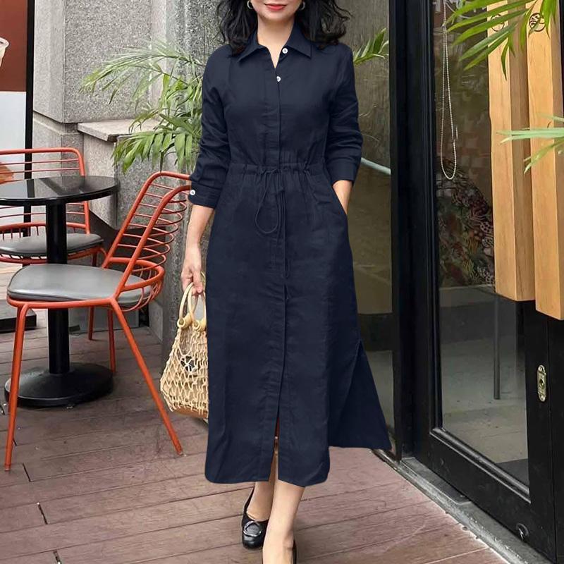 

ZANZEA Women Casual Turn Down Collar Long Sleeve Loose Drawstring Dress 3XL