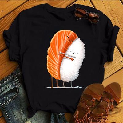 Frauen Schwarz T-shirts Sommer Nette Sushi umarmung Kurzarm T-stücke hemd femme 2022 Sommer O-Nocke Kawaii Kleidung Tops Damen t-shirt
