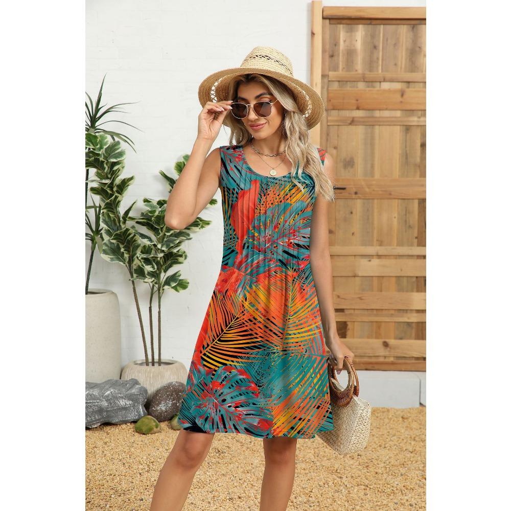 Damen Sommer Neues bedrucktes Tanktop Lockeres Kleid mit Tasche