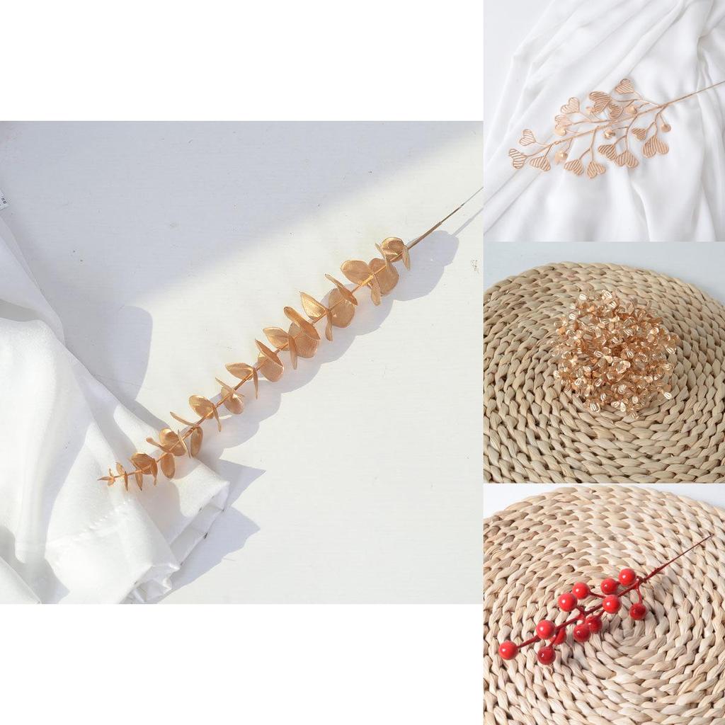 Christmas Gold Ginkgo Leaf Decorative Fan With Faux Red Berry For Holiday Festival Centerpiece