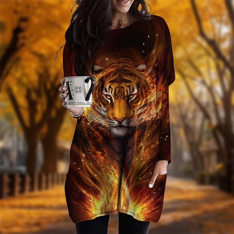 Novo no outono estampa de tigre vestido plus size feminino gola redonda mangas compridas vestidos casuais com bolso