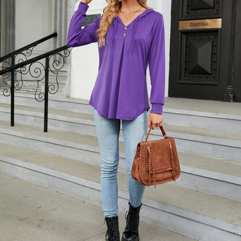 JKASHDK Damenmode, Sommer, Frühling, lässig, einfarbig, langärmelig, V-Ausschnitt, lockere Blusen und Hemden